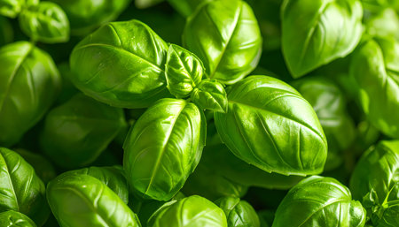 A fresh organic green basil leaf bunch. vibrant, aromatic herb and healthy food ingredient for cooking, close up view with detailの素材