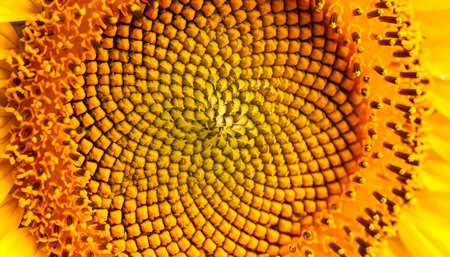 A vibrant macro view of yellow sunflower center. flower shows beautiful spiral pattern, happy texture of nature in summerの素材
