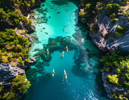 A beautiful aerial view of adventurous person paddling kayak in tropical island lagoon. serene travel destination for perfect vacationの素材