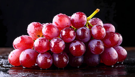 A fresh, wet bunch of juicy red grape fruit on dark background. healthy, ripe, delicious food for refreshing and sweet vitamin snackの素材