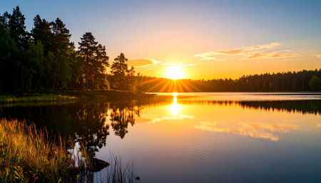 A tranquil beautiful sunset over serene lake with golden light. calm water reflection of forest silhouette. peaceful nature landscape viewの素材