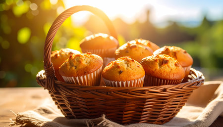 A delicious homemade baked muffin in rustic wicker basket on wood table. warm, fresh food breakfast enjoying golden outdoor sunlightの素材