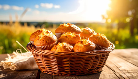 A delicious homemade muffin in wicker basket on rustic wooden table. warm fresh baked food with beautiful sunny nature backgroundの素材