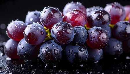 A fresh ripe purple grape bunch with refreshing water drop on dark background. juicy delicious fruit perfect for healthy diet and antioxidantの素材