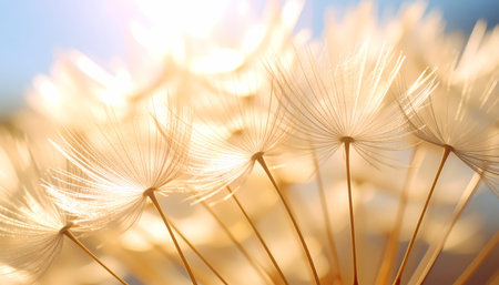 A macro detail of dandelion seed head flower in nature. soft delicate seeds glow in warm sunlight, symbol of hope and dream for new beginnings and freedomの素材