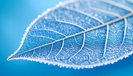 A serene macro close up of blue frozen leaf covered in frost. delicate ice crystal texture on winter foliage creates cold abstractの素材