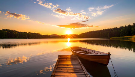 A tranquil sunset over calm lake with wooden boat at pier. beautiful golden light and sunbeam reflect on water creating serene sceneの素材