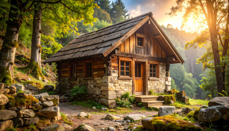 A tranquil rustic cabin house of wood and stone in peaceful forest. cozy cottage offers serene outdoor escape in beautiful landscapeの素材