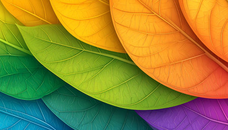 A vibrant colorful rainbow leaf background pattern with detailed texture. an abstract close up of orange and green foliage creating joyful feelの素材
