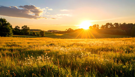 A beautiful golden sunset over peaceful rural field. warm sun light shines through grass creating serene summer landscapeの素材