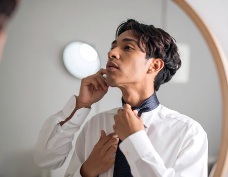 A handsome young professional man getting ready, tying his tie while looking in mirror. his focused expression shows confidence for dayの素材
