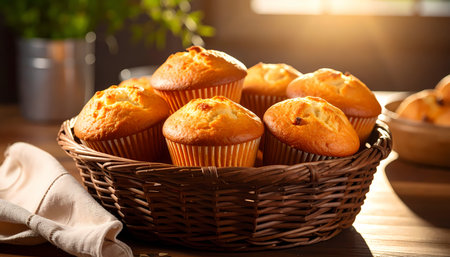 A warm wicker basket full of delicious golden muffins on wooden table. fresh homemade breakfast food with morning sunlight in cozy bakeryの素材