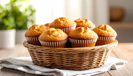 A delicious basket of fresh homemade baked muffin food. comforting and sweet dessert or snack, golden brown and ready for breakfastの素材