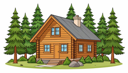 A cozy rustic log cabin house cartoon illustration deep in peaceful forest. wooden home surrounded by pine tree, perfect for nature vacationの素材