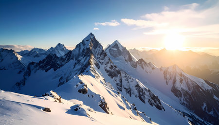 A majestic mountain snow landscape with beautiful sunrise. sun shines over winter peak creating scenic view against clear blue skyの素材