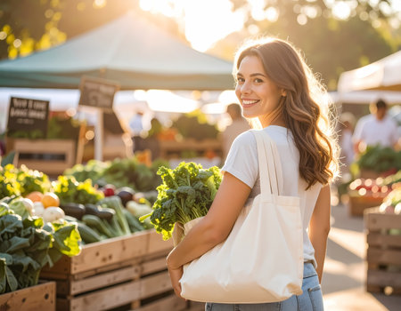 A happy smiling woman shopping for fresh healthy organic food and vegetable at an outdoor market. holding sustainable tote bag in sunの素材