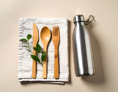 An eco friendly sustainable zero waste conscious living with reusable bamboo cutlery and metal bottle for plastic free lunch, flat lay conceptの素材