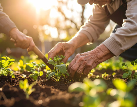 A senior person gentle hands planting green seedling in garden at sunset. an adult helps with trowel, peaceful family outdoor activityの素材