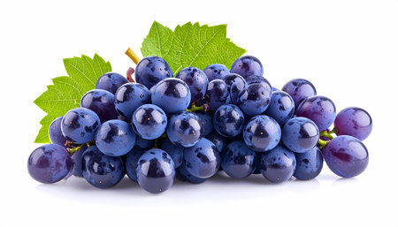 A fresh bunch of ripe purple grape fruit with green leaf isolated on white background. delicious, healthy organic food for natural dietの素材