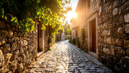 A serene narrow stone alley in an old european village at sunset. charming summer travel scene with cobblestone path and warm golden sunの素材