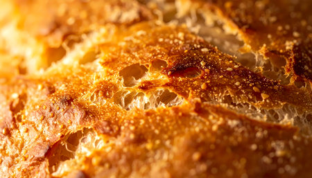 A warm golden brown bread crust texture in macro closeup. fresh bake from bakery delicious and comforting food for rustic homemade mealの素材