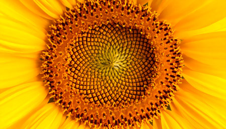 A cheerful macro closeup of yellow sunflower flower pattern. vibrant summer nature background with beautiful texture and bright floral detailの素材