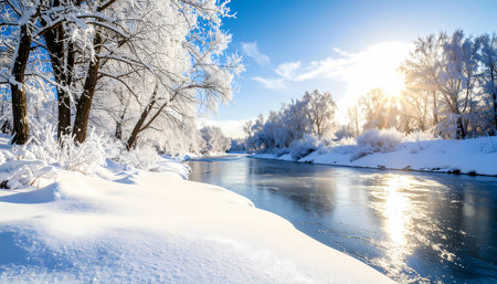 A beautiful scenic winter landscape with river and forest. trees covered in snow and ice with bright sun on peaceful, cold dayの素材