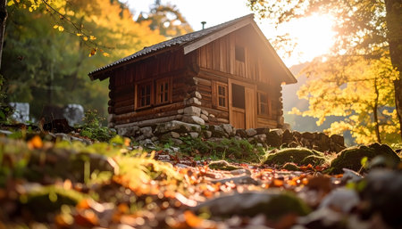 A peaceful wooden log cabin in serene autumn forest at sunrise. rustic mountain hut with warm sunlight and golden leaf for cozy nature getawayの素材