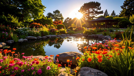 A tranquil japanese garden landscape with beautiful pond, colorful flower at sunrise. peaceful park setting showcasing beauty of natureの素材