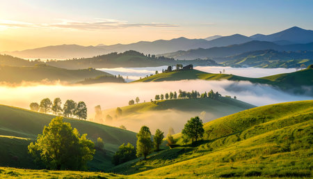 A beautiful scenic landscape of green hill and valley with mist at sunrise. tranquil and peaceful nature scene with mountain in backgroundの素材