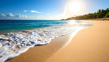A peaceful tropical paradise beach with golden sand and calm ocean wave. bright sun setting over beautiful blue sky for summer vacationの素材