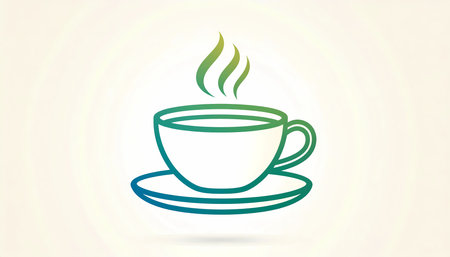 A warm coffee cup icon illustration with hot steam, simple line art vector design for relaxing drink. colorful gradient symbol on whiteの素材