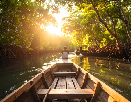 A man on peaceful journey by wooden boat down river through mangrove forest. tranquil travel adventure watching beautiful sunsetの素材