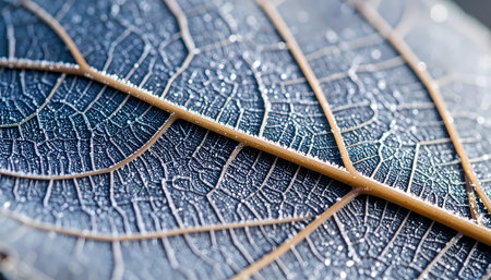 A serene macro detail of blue frozen leaf with frost texture and pattern in cold winter weather showing nature beautiful and fragile sideの素材