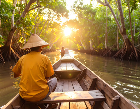 A serene man in boat on river journey through mangrove forest. peaceful travel adventure toward beautiful sun during golden sunsetの素材