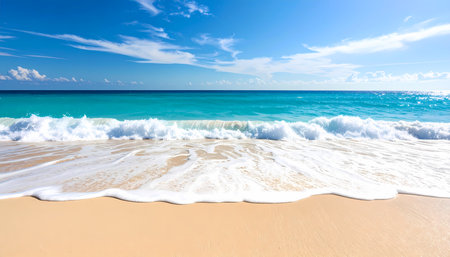 A serene summer beach landscape with calm turquoise ocean and beautiful blue sky. waves crash on tropical sandy shore creating peaceful sceneの素材