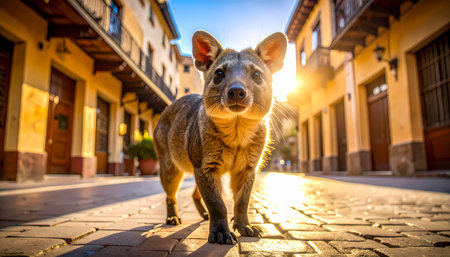 A cute happy quokka animal walking on sunny outdoor street in town. friendly marsupial on journey creates warm and joyful moodの素材
