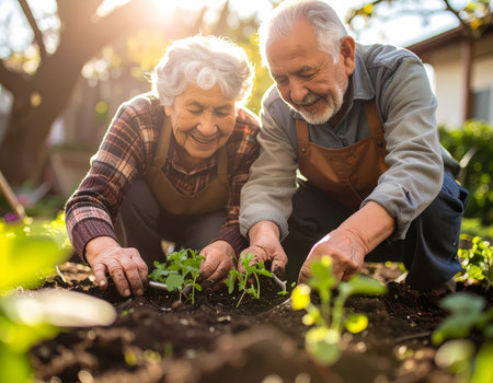 A happy senior couple enjoy gardening and planting together. joyful retired man and woman active in their outdoor garden during sunny dayの素材