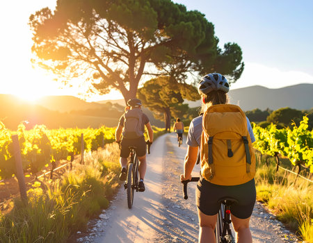 A happy couple cycling on bicycle adventure through countryside vineyard road. active travel lifestyle during beautiful golden summer sunsetの素材