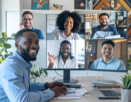 A smiling diverse business team on an online video conference meeting. happy group of professional people doing remote work with man in focusの素材