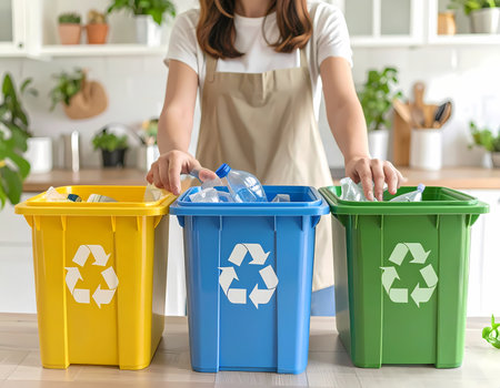 A responsible woman sorting plastic bottle waste into recycle bin at home kitchen. conscious lifestyle for green sustainable environmentの素材