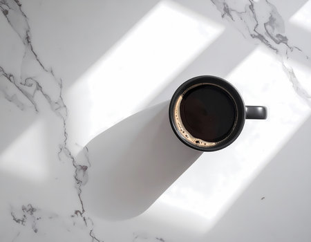 A relaxing black coffee cup on white marble table in morning light. minimalist top view with long shadow creating simple, peaceful moodの素材