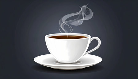 A fresh hot cup of black coffee or espresso beverage with steam on dark background. comforting and warm drink for morning or breakの素材