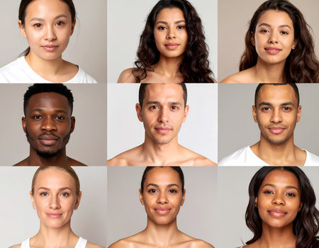 A diverse multicultural group of smiling people in portrait headshot collage. collection of happy faces shows human diversity and inclusionの素材