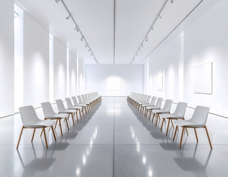 An empty white modern gallery room awaits conference. minimalist interior with rows of chairs creates calm and serene background for presentationの素材