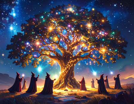 A mystical group of wizards perform magical ritual around giant glowing tree under starry night sky, filled with awe and wonderの素材