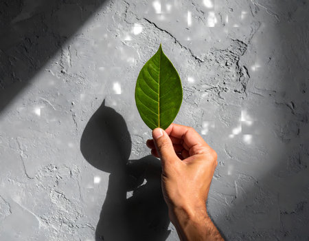 A serene hand holding vibrant green leaf, concept of hope for nature and environment with beautiful light and shadow on grey backgroundの素材