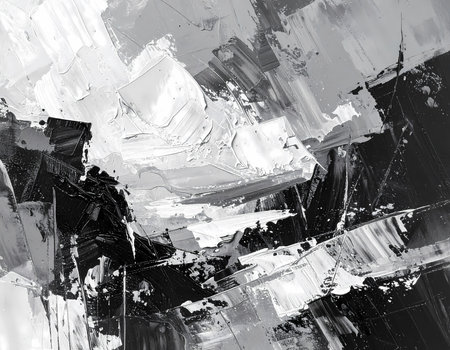 A dramatic abstract painting background. black and white artwork texture showing intense, modern art with grey brushstroke and impasto detailの素材