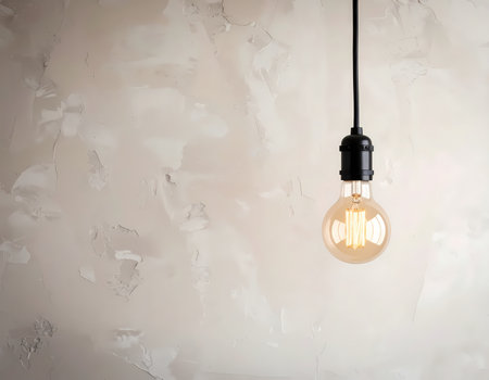 A warm glowing edison light bulb hanging against minimalist textured concrete wall. simple interior decoration idea with empty copy spaceの素材