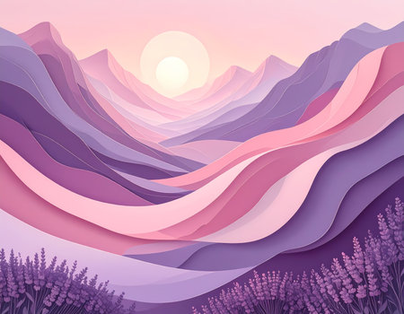 A peaceful mountain valley landscape illustration with lavender field. this serene background art shows beautiful sun setting over hillsの素材